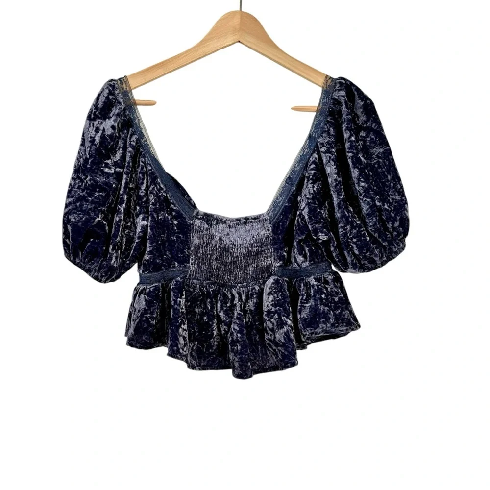 FREE PEOPLE Yours Truly Dark Blue Velvet Peplum Blouse Top Keyhole Cutout XS